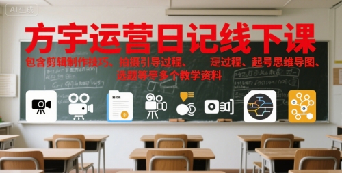 方宇运营日记线下课，包含剪辑制作技巧、拍摄引导过程、起号思维导图、选题等多个教学资料-财阁