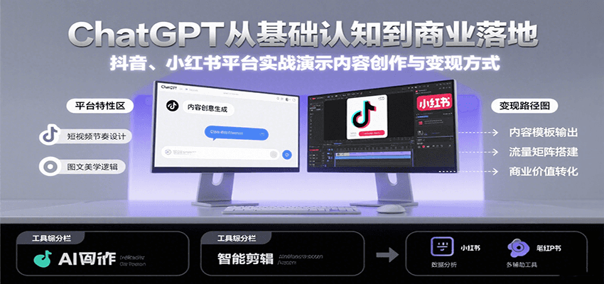 ChatGPT从基础认知到商业落地，实战演示抖音、小红书等平台的内容创作与变现-财阁