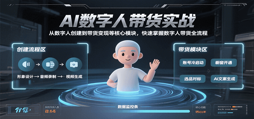 AI数字人带货实战，从数字人创建到带货变现各核心模块，快速掌握全流程-财阁