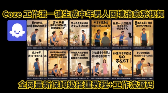 coze工作流一键生成”中年男人困境扎心高涨粉高播放量图文视频”保姆级拆解教程，无需剪辑，无需拍摄写文案-财阁