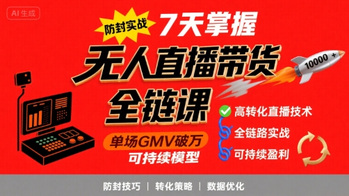 无人直播带货全链防封实战课，7天掌握高转化直播技术，实现单场GMV破万可持续模型-财阁