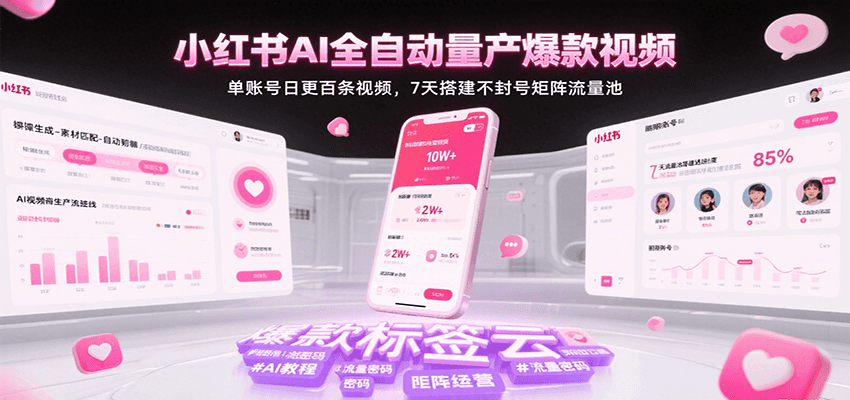 小红书AI全自动量产爆款视频，单账号日更百条视频，7天搭建不封号矩阵流量池-财阁