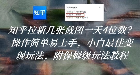 知乎拉新几张截图一天4位数？操作简单易上手，小白最佳变现玩法，附保姆级玩法教程-财阁
