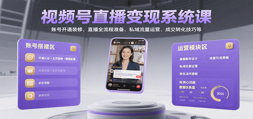 视频号直播变现系统课，账号开通装修、直播全流程准备、私域流量运营、成交转化技巧等-财阁