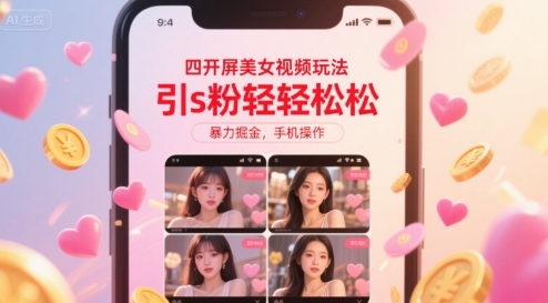 四开屏美女视频玩法，引s粉轻轻松松，暴力掘金，手机操作【揭秘】-财阁