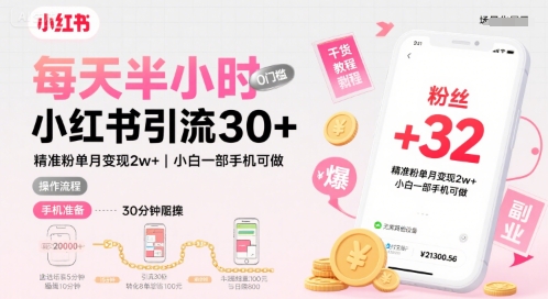 每天半小时小红书引流30+，精准粉单月变现2w+，小白新手一部手机可做，今天5分钟硬核实操-财阁