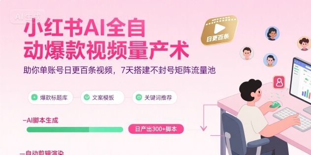 小红书AI全自动爆款视频量产术，助你单账号日更百条视频，7天搭建不封号矩阵流量池-财阁