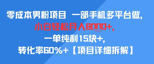 零成本男粉项目 一部手机多平台做，小白轻松月入8k+，一单纯利15块+，转化率60%+【项目拆解】-财阁