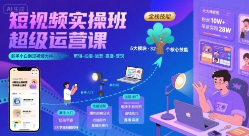 短视频实操班超级运营课，新手小白到短视频大神必修课程，剪辑-拍摄-运营-直播-变现-财阁