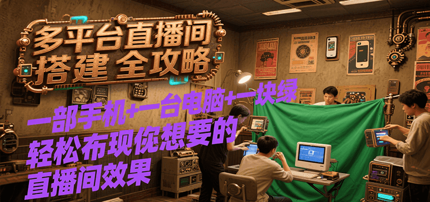 多平台直播间搭建全攻略，一部手机+一台电脑+一块绿布轻松实现你想要的直播间效果-财阁